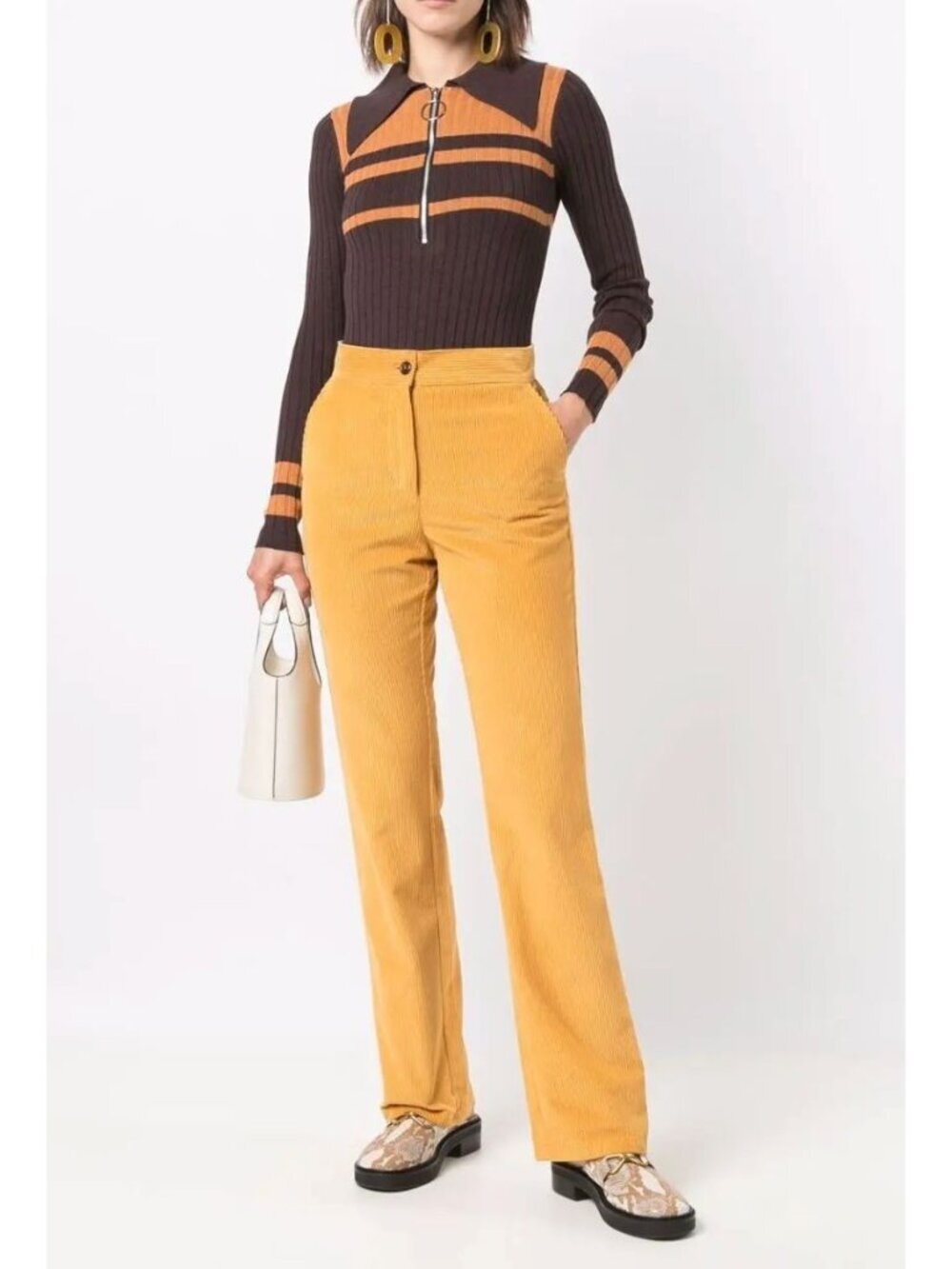 Dodo Bar Or Ribbed Knit Color Block Bodysuit Size S 44 Brown Mustard Yellow